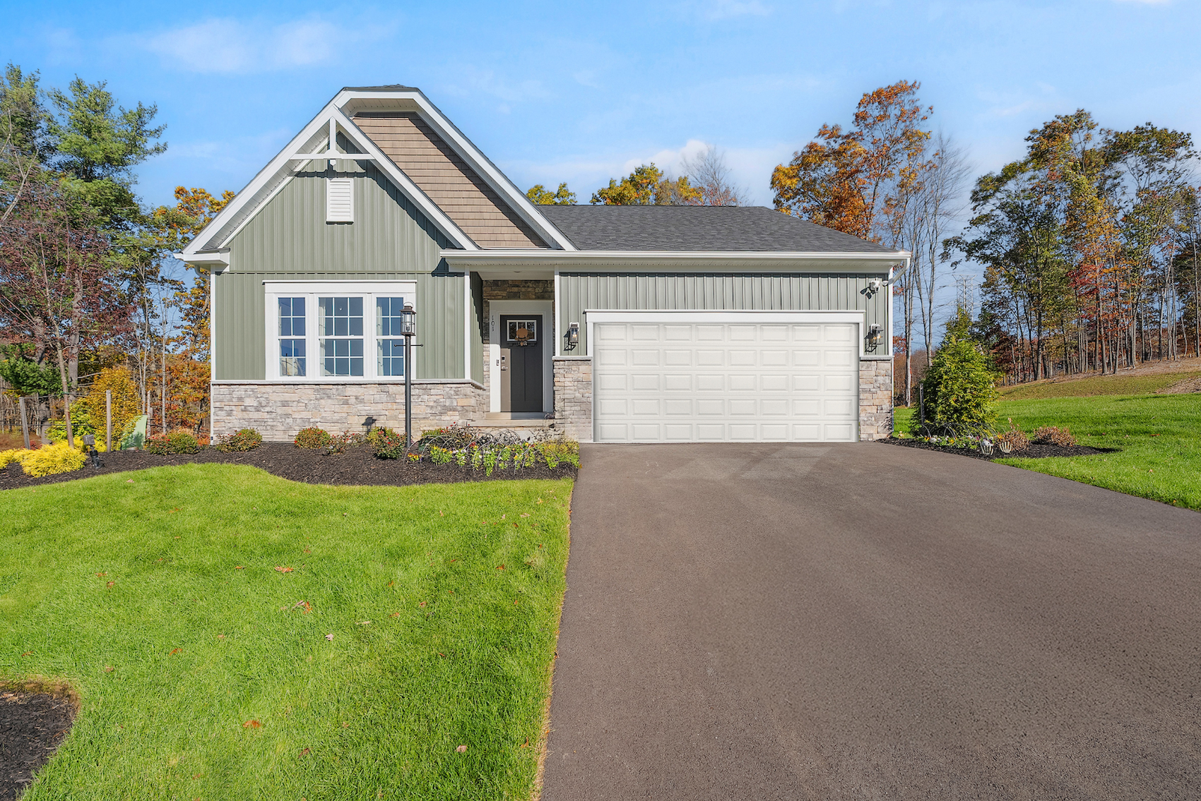 Single-story modern house with a green facade, manicured lawn, and a two-car garage in a suburban neighborhood.