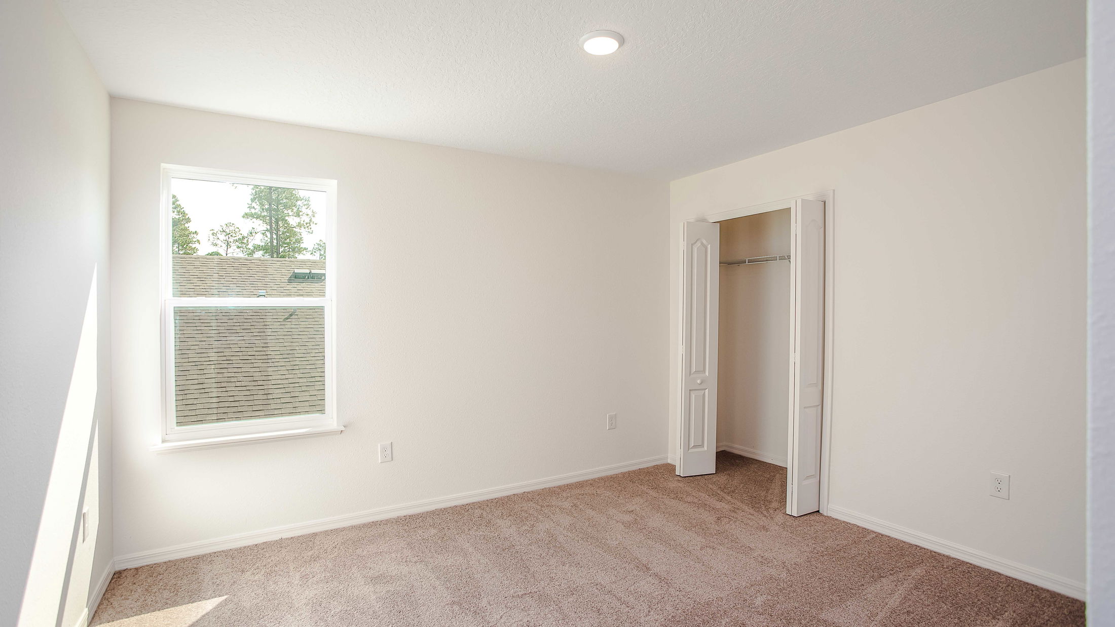 Bright empty bedroom with a carpeted floor, white walls, a single window, and a small open closet.