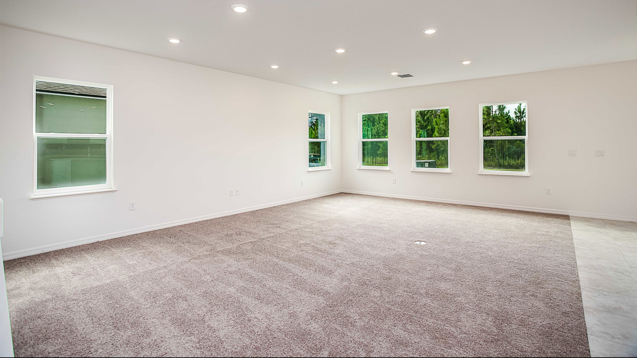 Spacious, well-lit empty room with beige carpet, white walls, and multiple windows overlooking greenery.