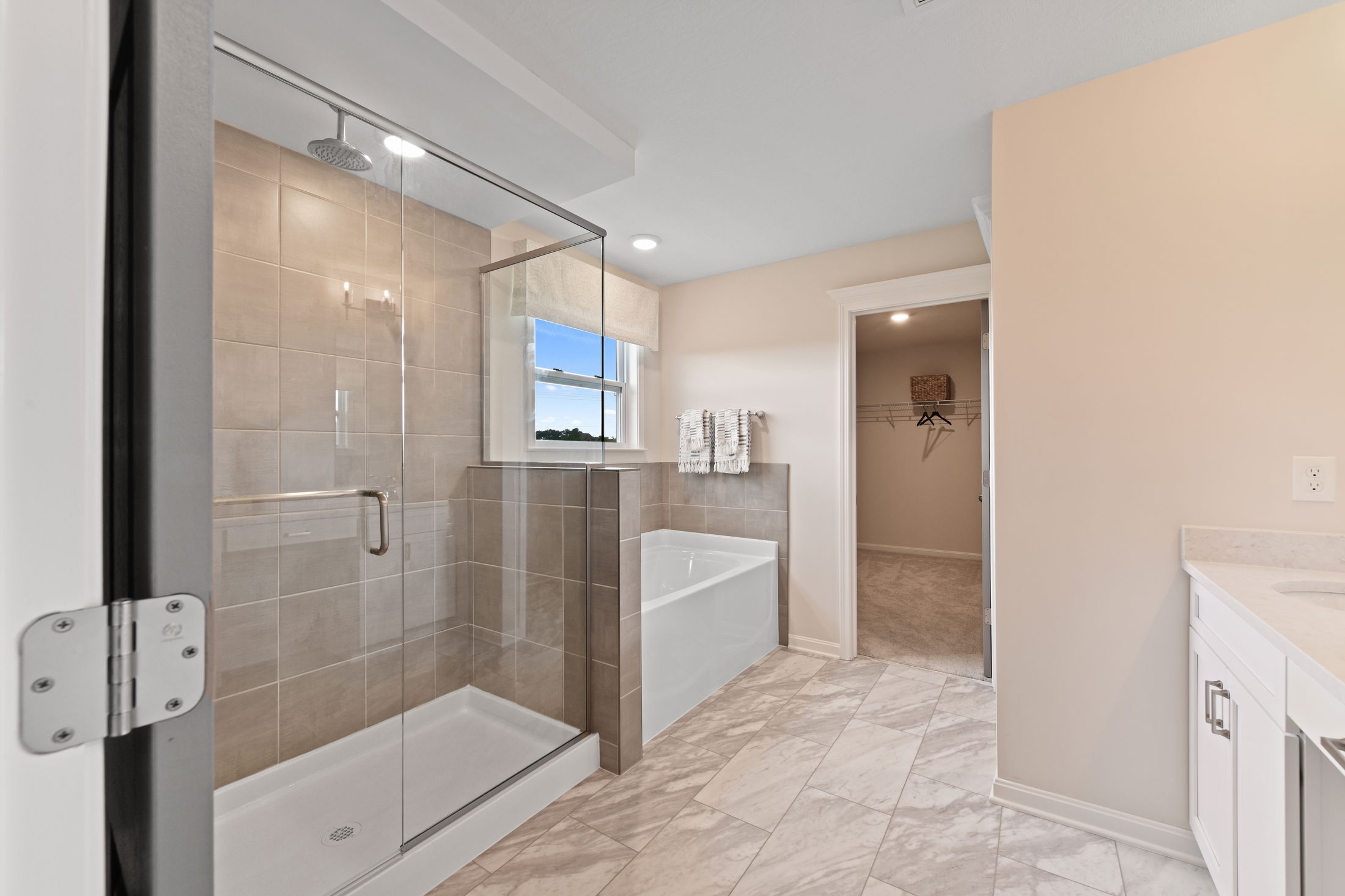 Modern bathroom with glass-enclosed shower, bathtub, and walk-in closet.