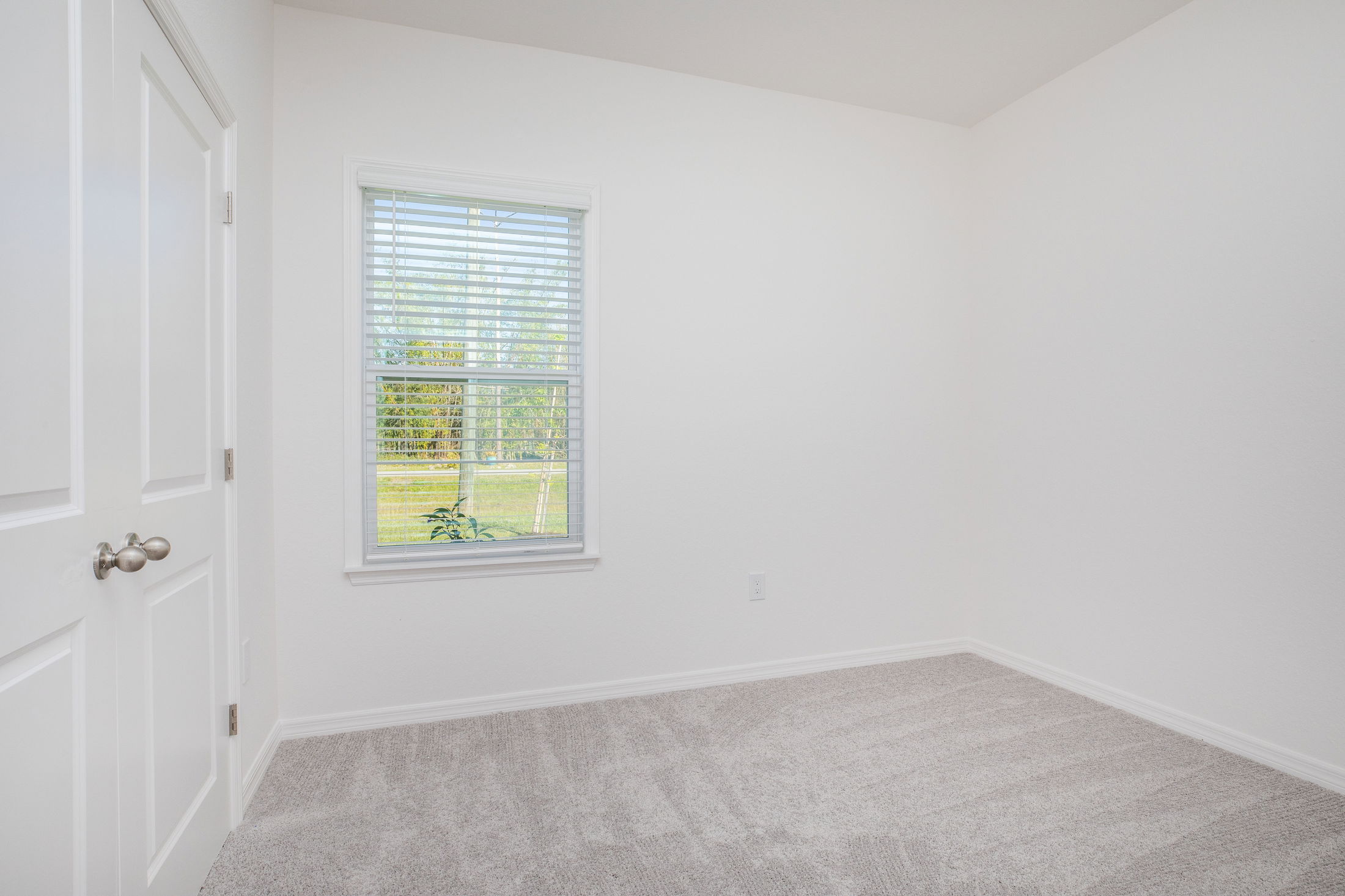 Empty white room with a window and closed door, featuring clean carpet flooring and natural light.