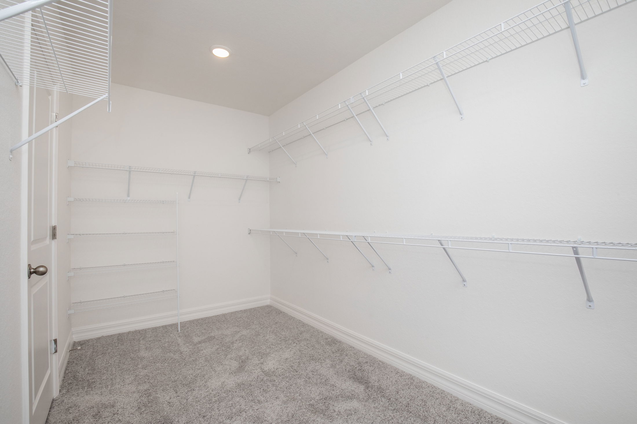 Empty walk-in closet with wire shelving and white walls, featuring soft carpet flooring.