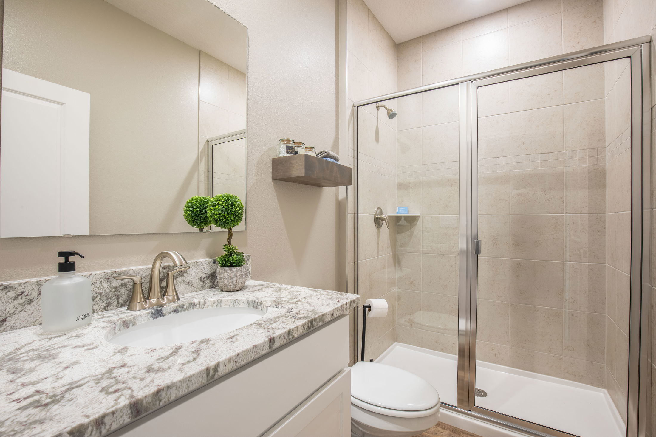 Modern bathroom featuring a granite countertop, stylish sink, green plant decor, and a glass-enclosed shower with tiled walls.