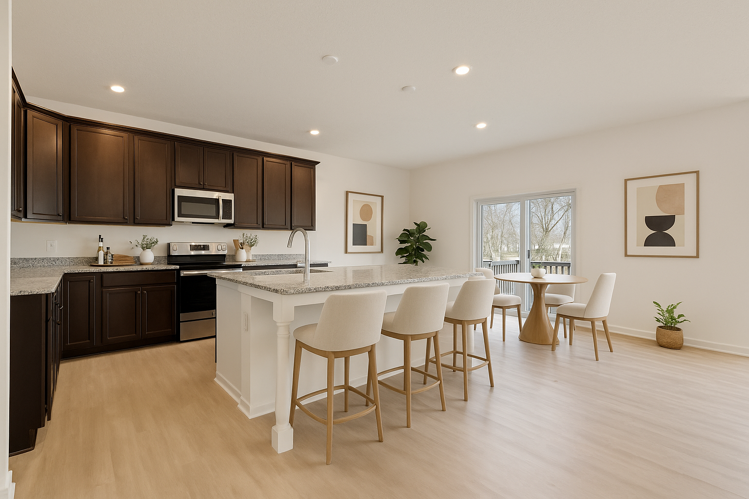 Modern kitchen and dining area with dark wood cabinets, marble countertops, and light wood flooring.