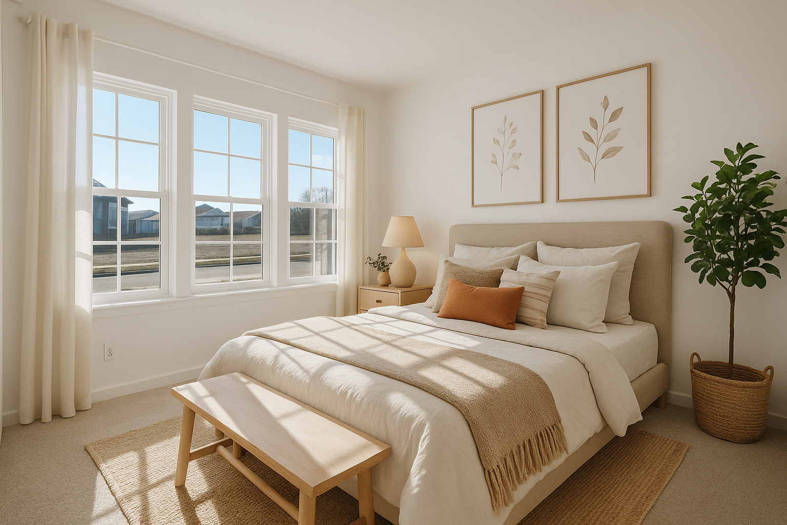 A cozy, sunlit bedroom with neutral tones featuring a neatly-made bed, large windows, and minimalist decor including framed leaf prints and a potted plant.
