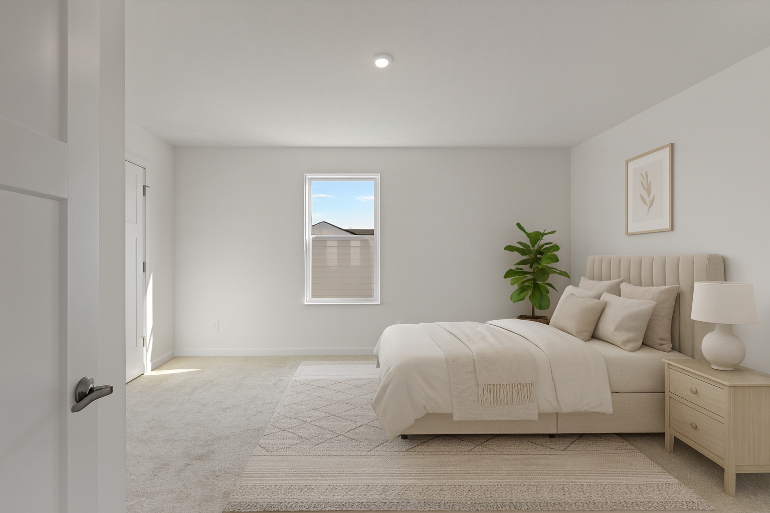 Modern minimalist bedroom with a beige upholstered bed, wooden nightstand, and potted plant beside a window.