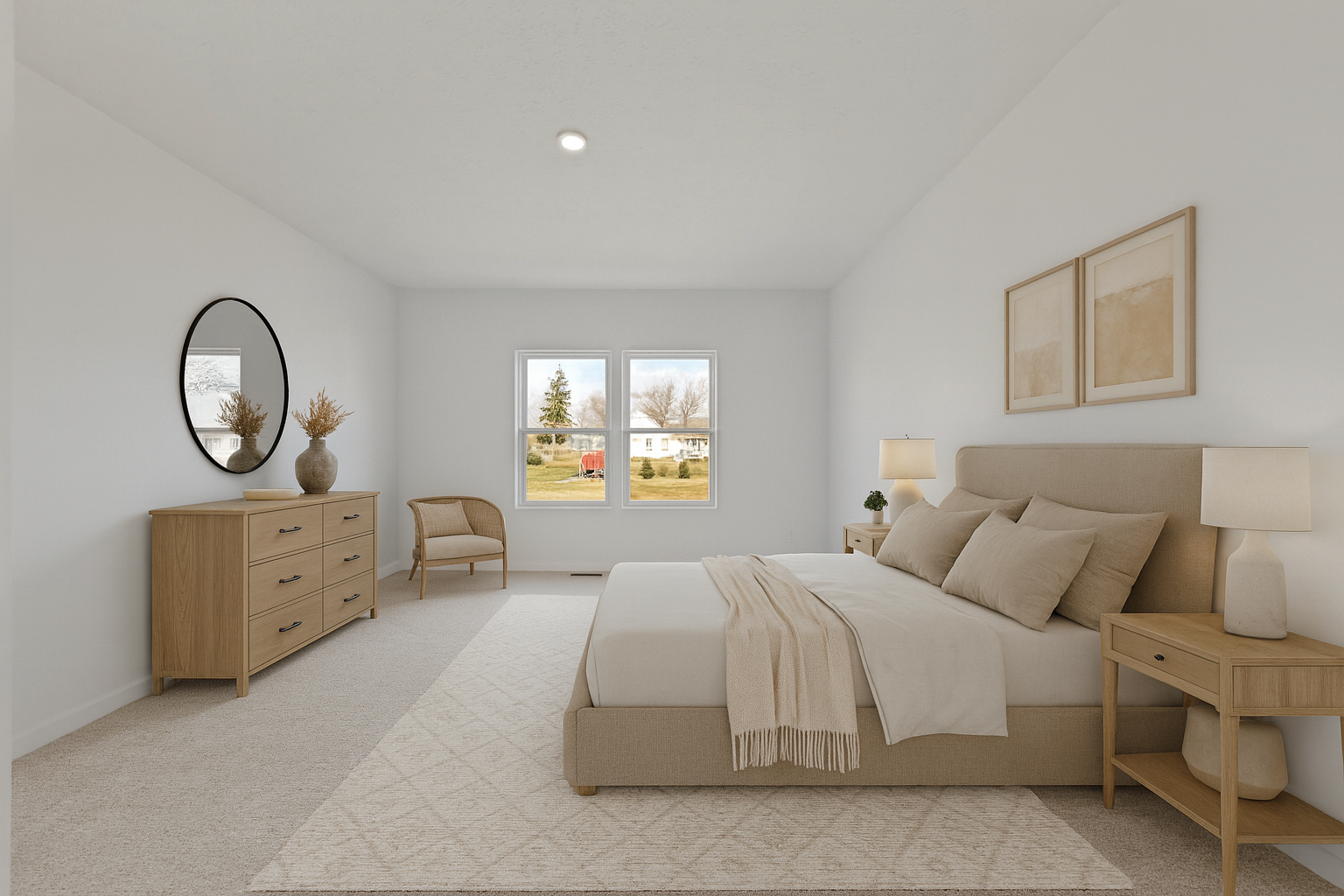Modern bedroom with beige decor, featuring a plush bed, wooden furniture, and large windows showcasing an outdoor view.