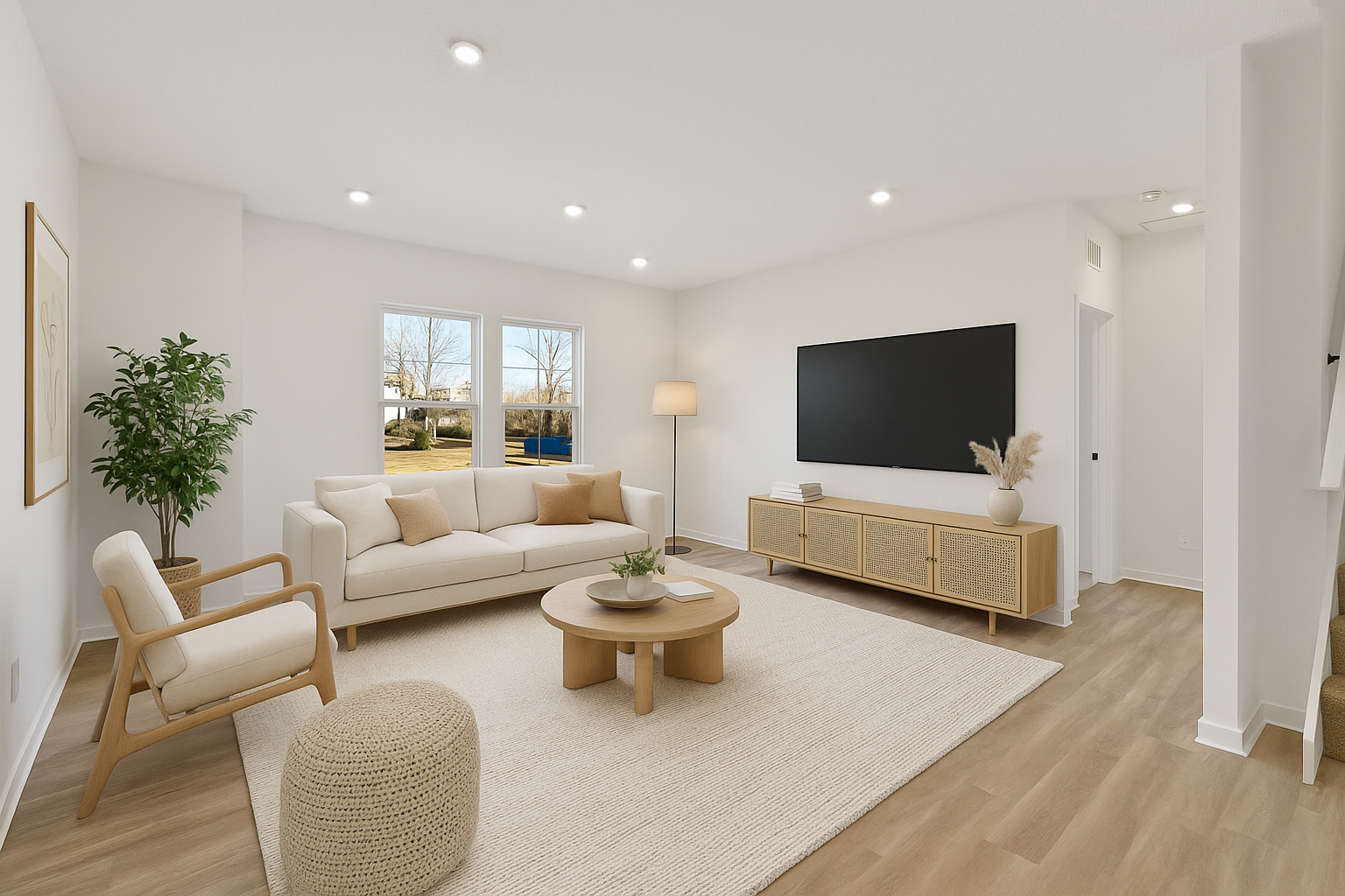 Modern minimalist living room with white sofa, light wood furniture, and large TV on the wall.