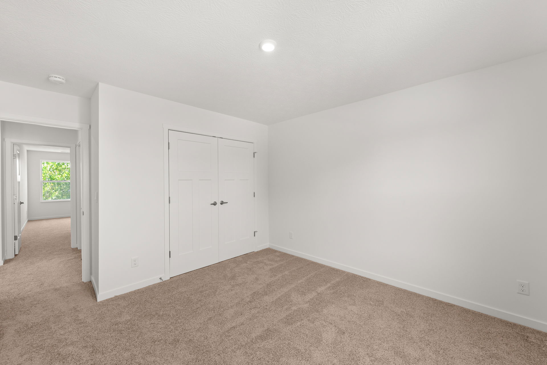 Minimalist empty white room with beige carpet and double door closet, leading to another room with a bright window view.