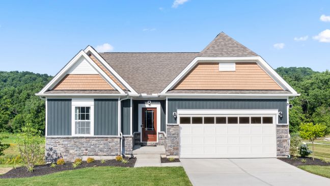 Modern suburban house with dark siding, stone accents, and a spacious two-car garage in a lush green setting.