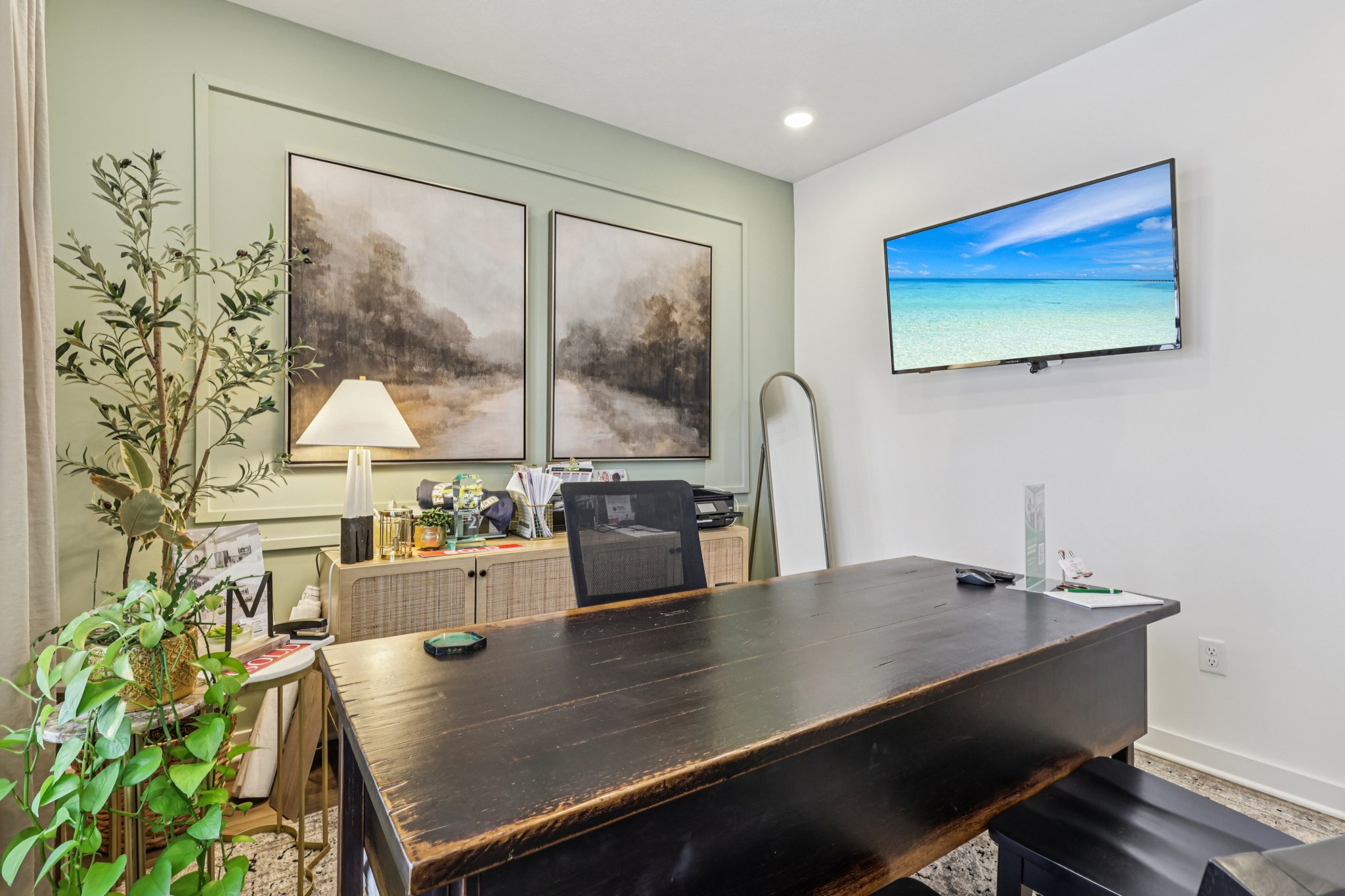 A modern office space featuring a large dark wooden desk, two framed landscape paintings on the wall, a TV mounted above, and decorative plants.