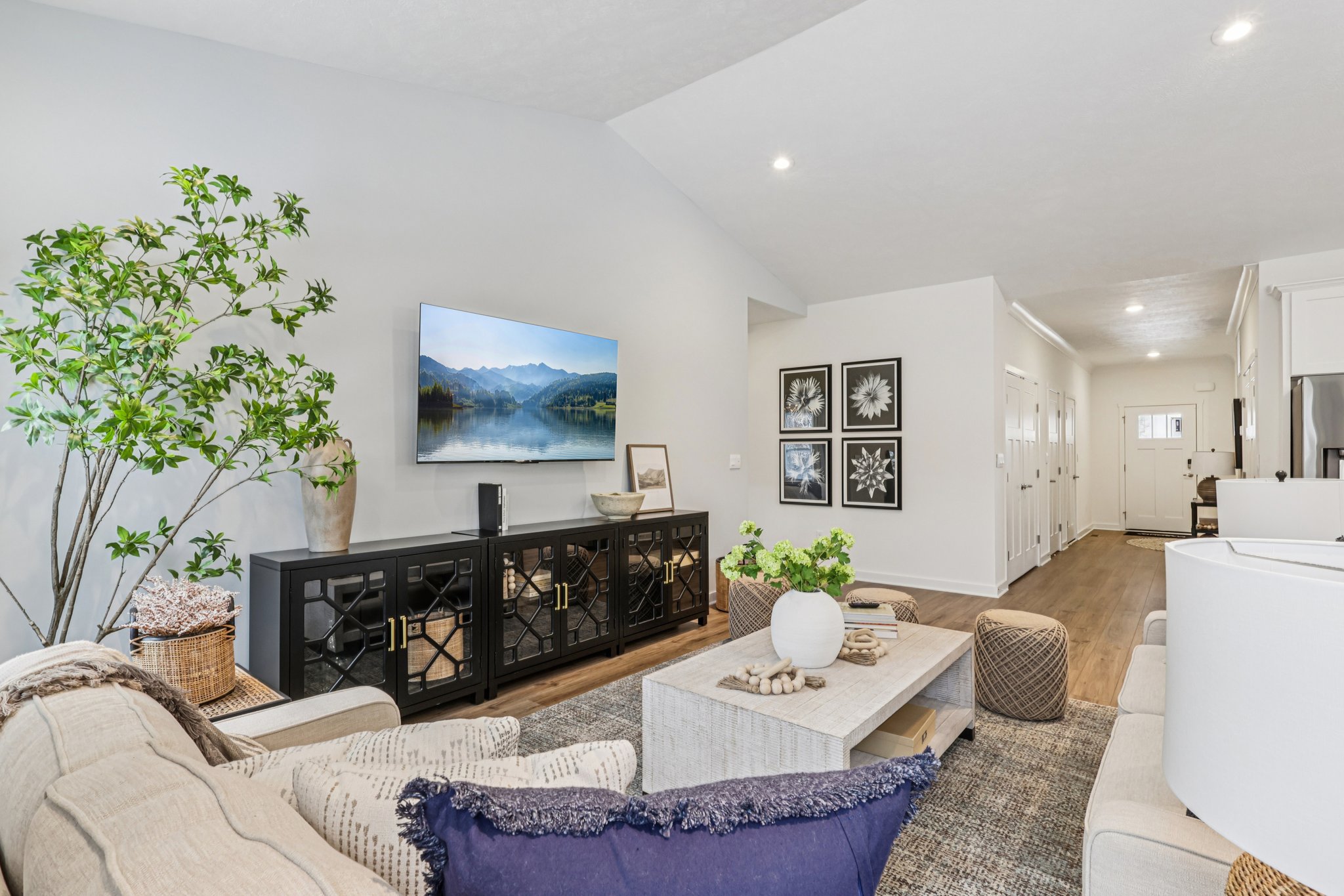 A modern living room featuring a television mounted on the wall, a coffee table with decor, and a plant beside a black cabinet.