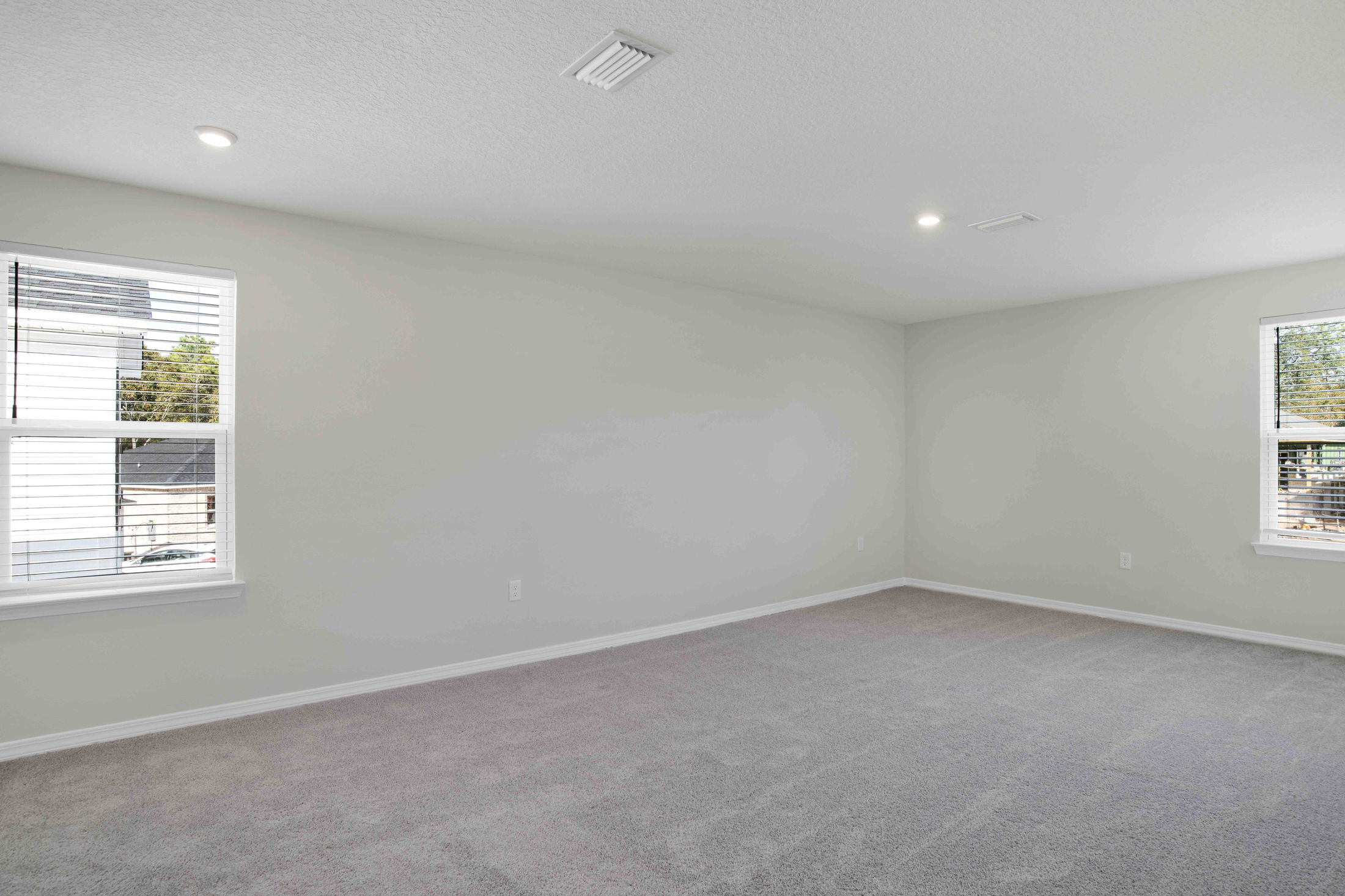 Spacious empty room with gray carpet and two windows providing natural light.