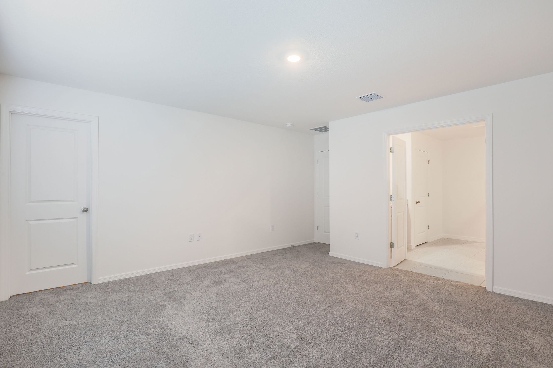 Empty room with gray carpet, white walls, and two closed doors, illuminated by a ceiling light, ideal for a minimalist interior.