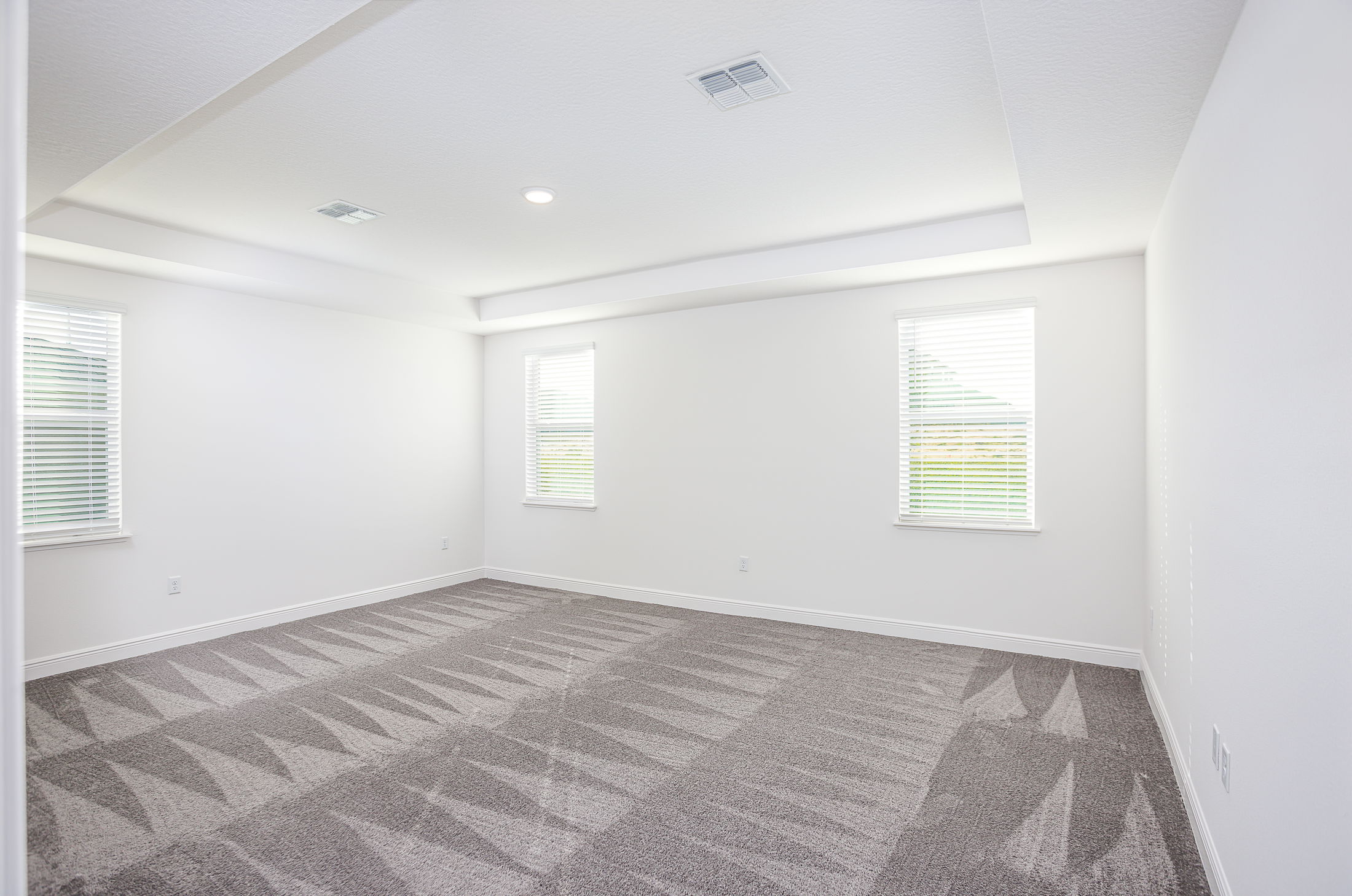 Spacious empty room with clean carpet and large windows providing natural light.