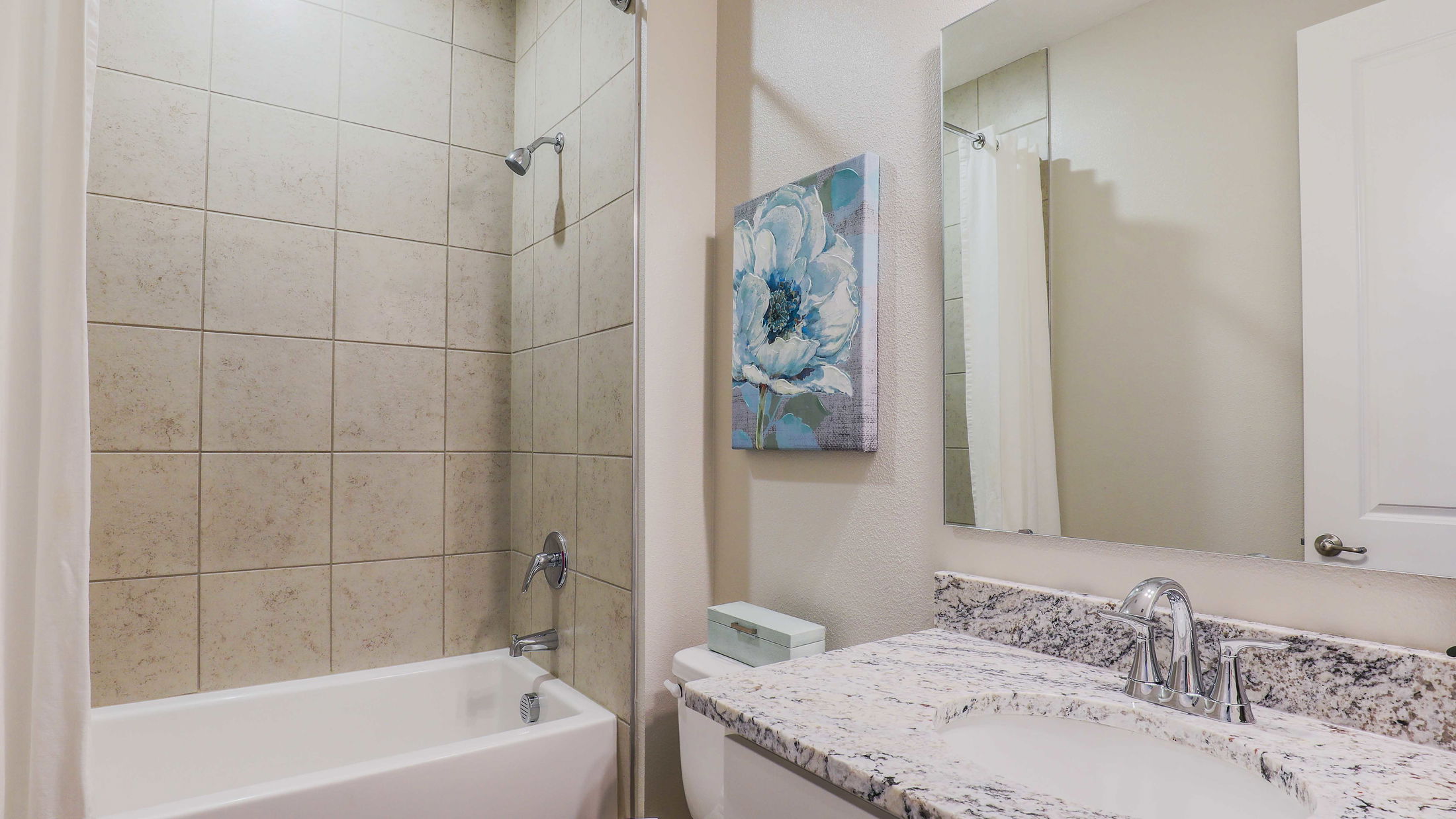 Small modern bathroom with a tiled shower, granite countertop, and decorative floral artwork.