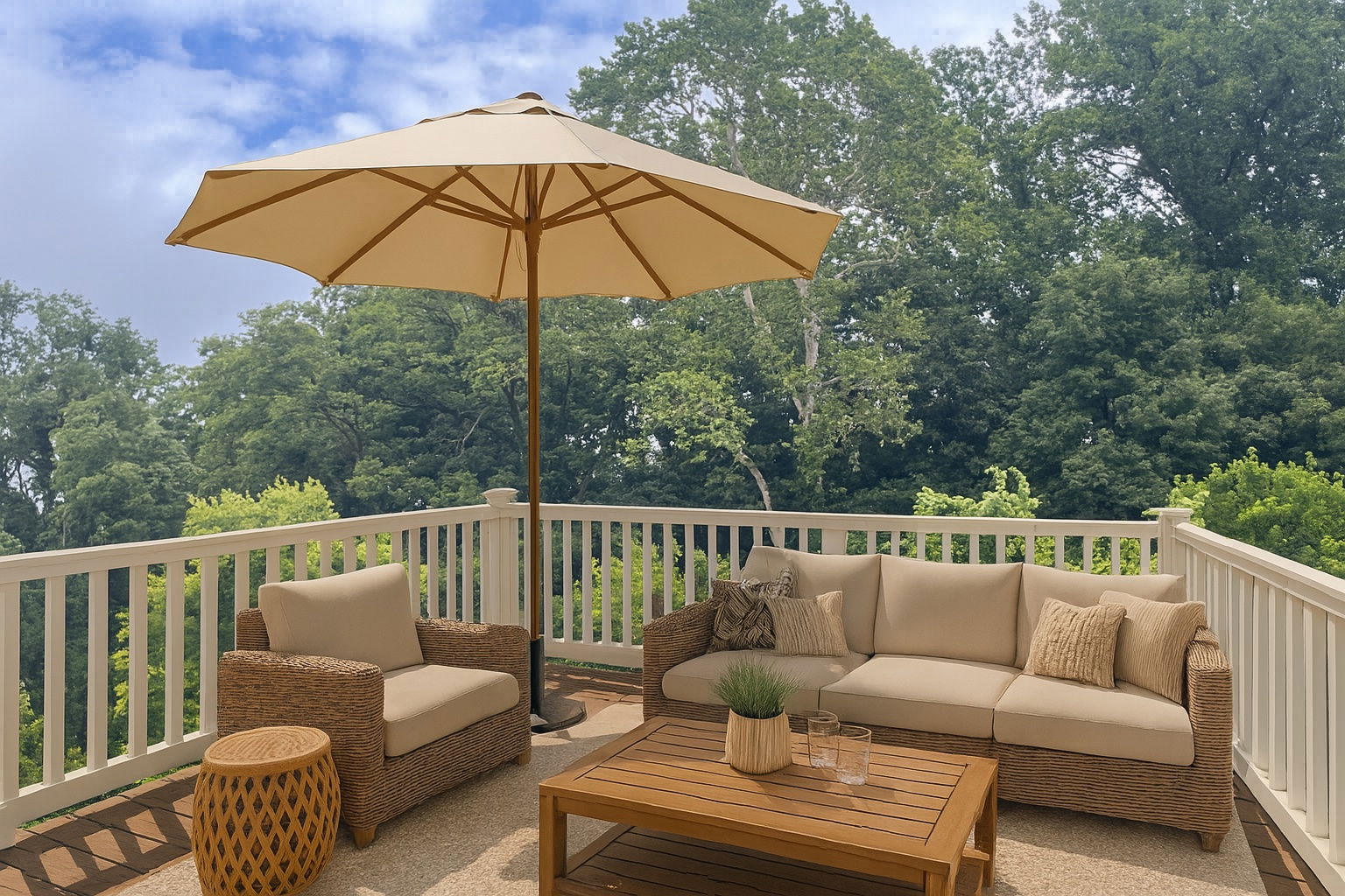 Outdoor patio with wicker furniture, beige cushions, wooden table, and large umbrella overlooking lush green trees.