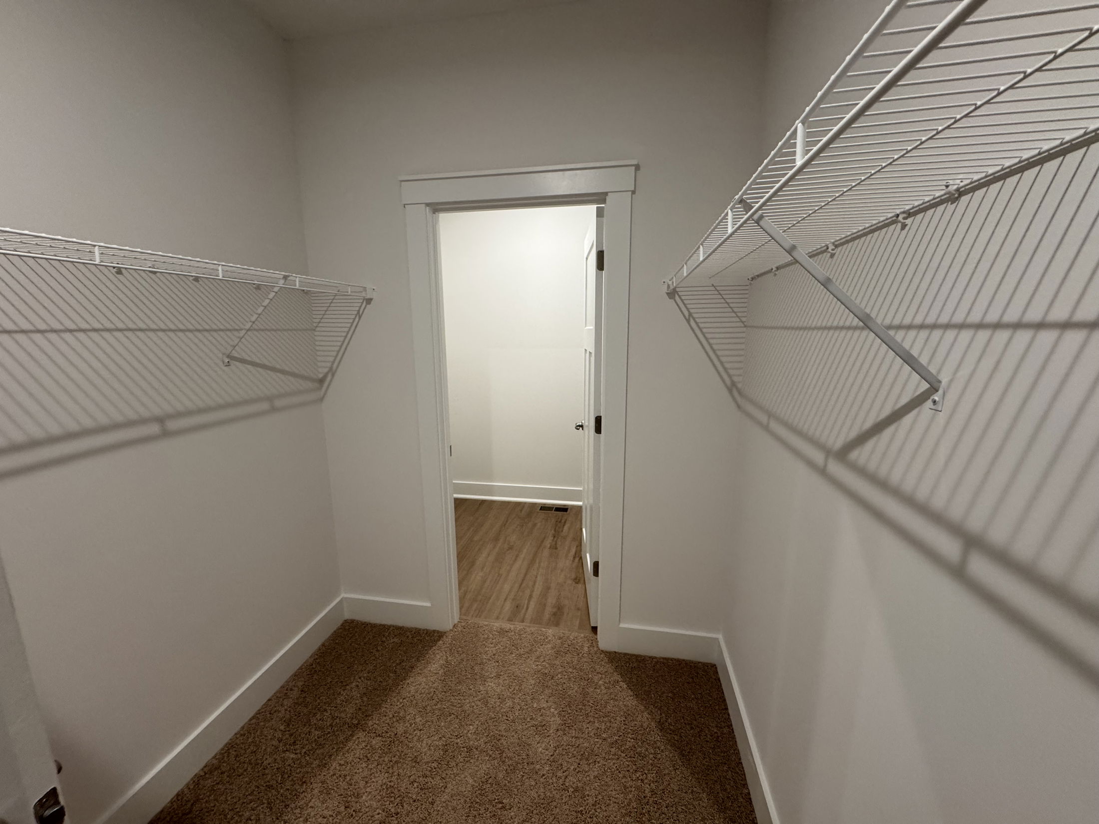 Modern walk-in closet with wire shelving and carpet flooring leading to a door.