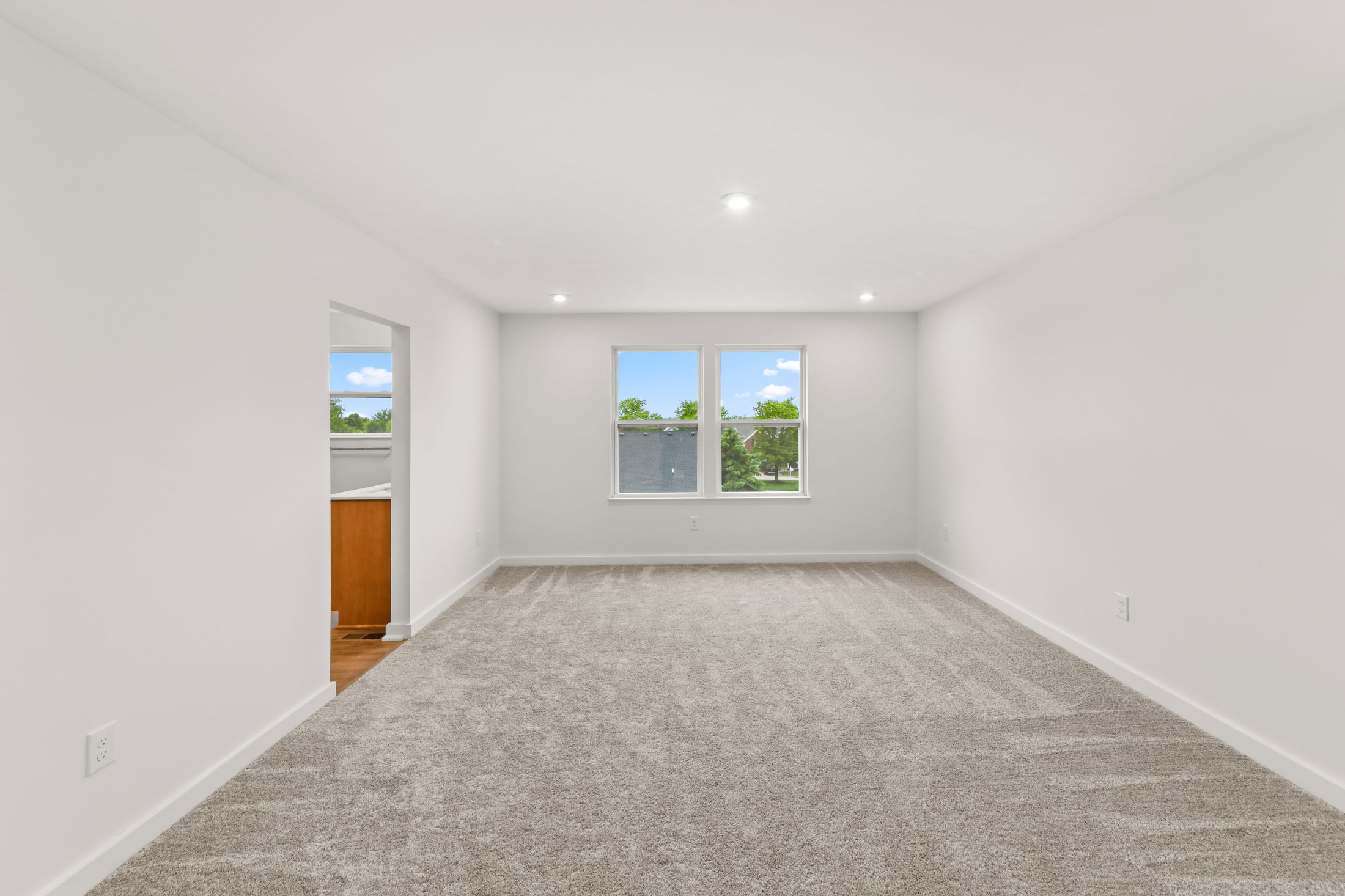 Spacious, empty room with light gray carpeting, white walls, and large windows overlooking greenery, ideal for modern interior design.