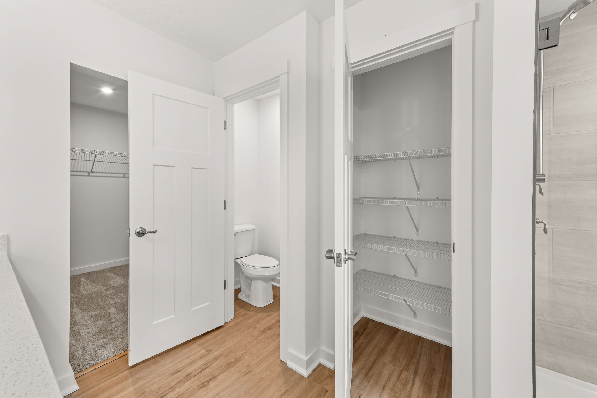 Modern bathroom view with open doors revealing a walk-in closet with carpet flooring and a wire-shelved linen closet.