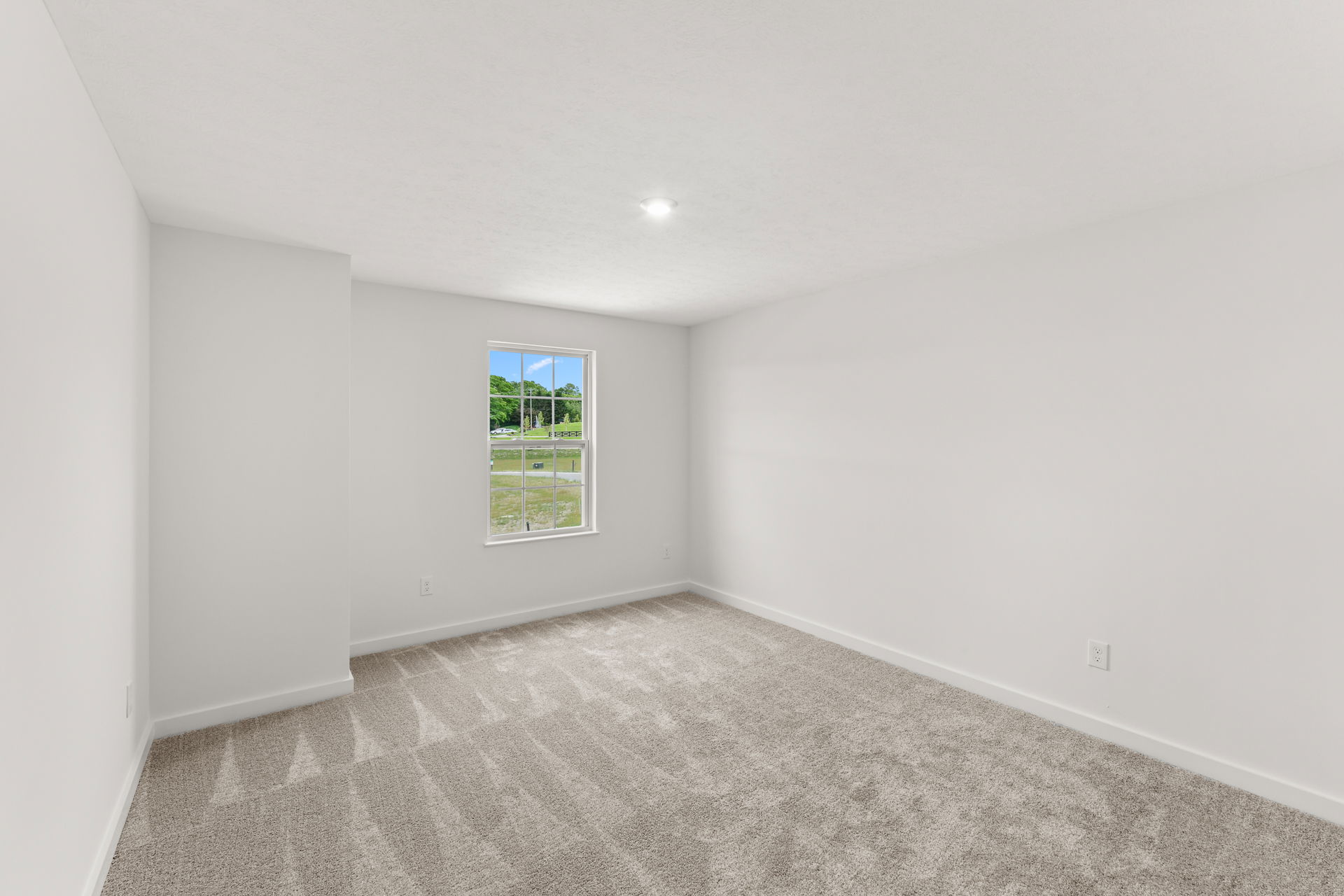 Empty room with light gray carpet, white walls, and a window showcasing a green outdoor landscape.