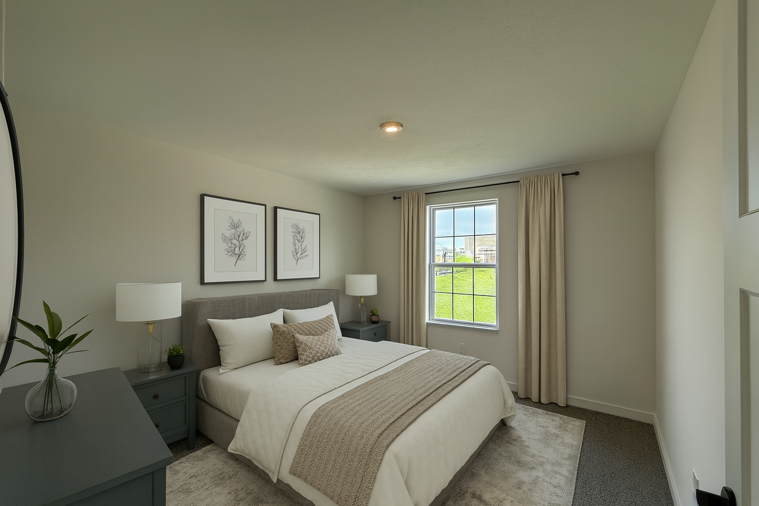 Modern bedroom with a cozy bed, elegant decor, and large window with beige curtains.