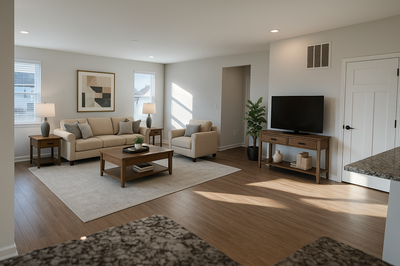 Modern living room with beige sofas, wooden furniture, and a flat-screen TV on hardwood flooring.