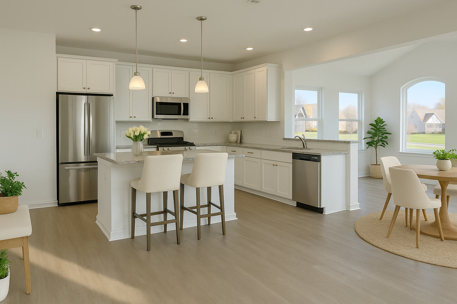Bright modern kitchen with white cabinets, stainless steel appliances, and a small dining area by sunlit windows.