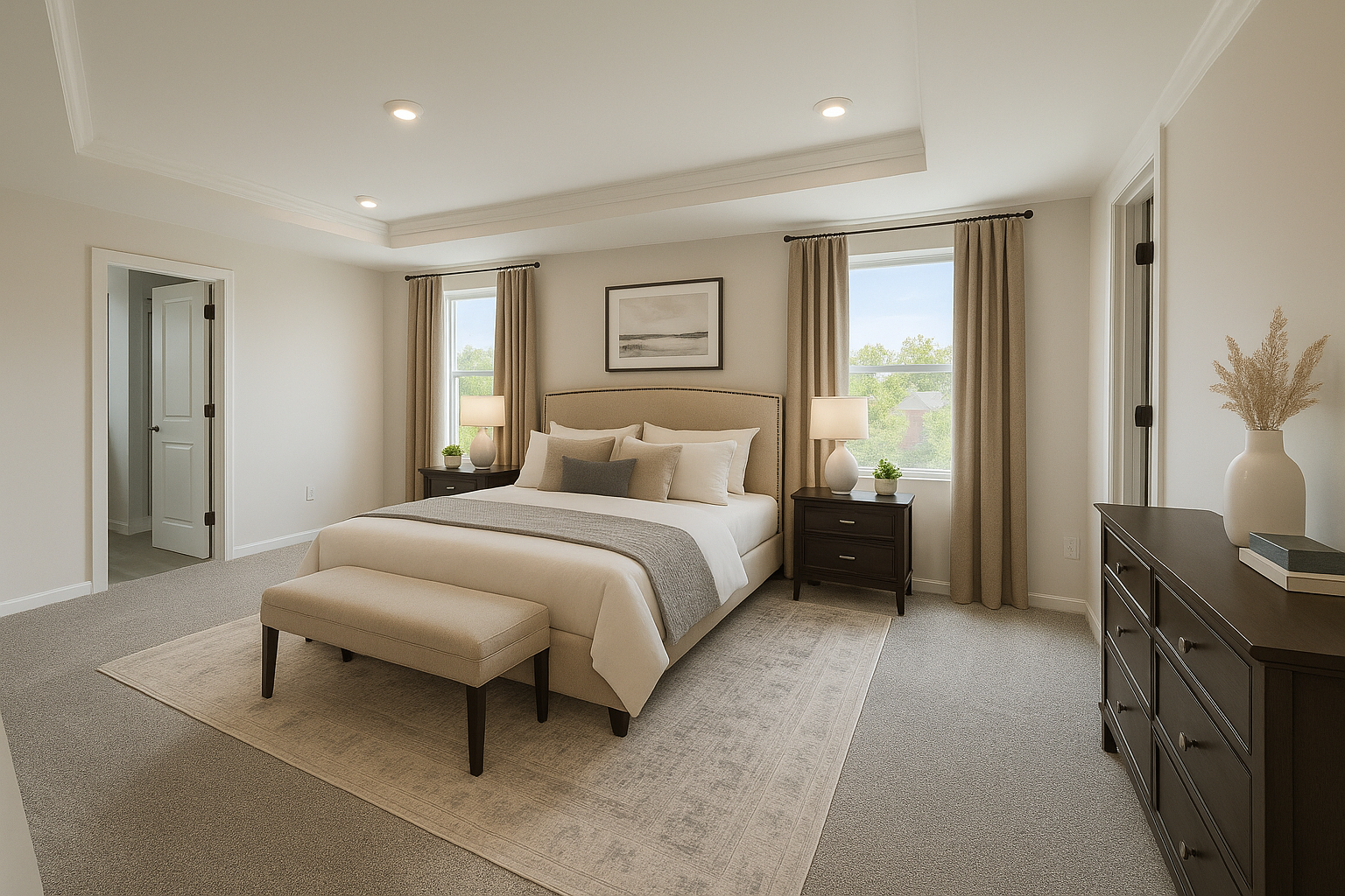 Modern bedroom with neutral tones, featuring a spacious bed, two nightstands with lamps, a bench, and a large window with floor-length curtains.