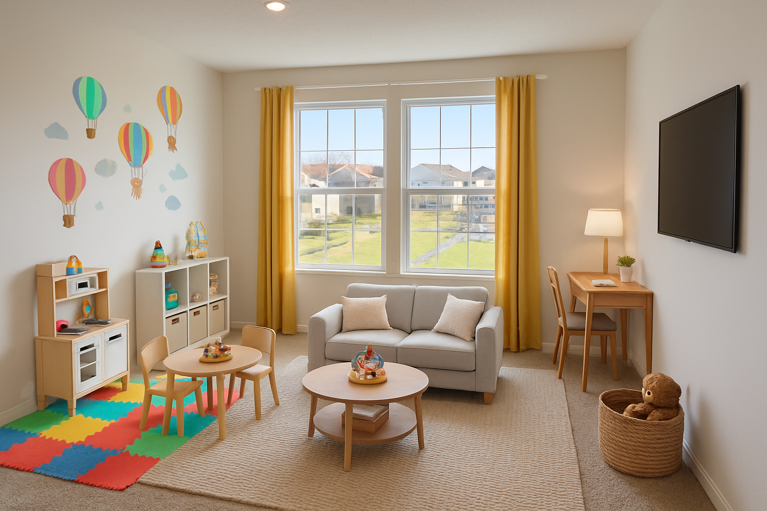 Bright and cozy playroom interior with colorful hot air balloon wall decals, wooden furniture, and large windows with yellow curtains.