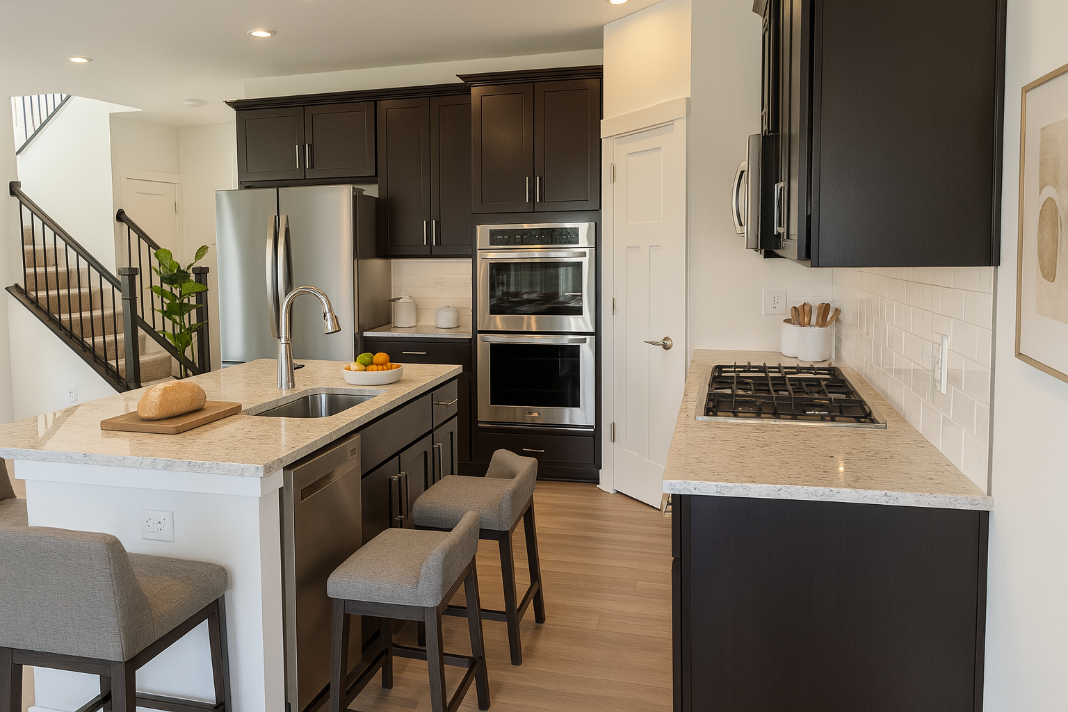Modern kitchen interior with dark cabinets, stainless steel appliances, and a central island featuring a sink and bar stools.