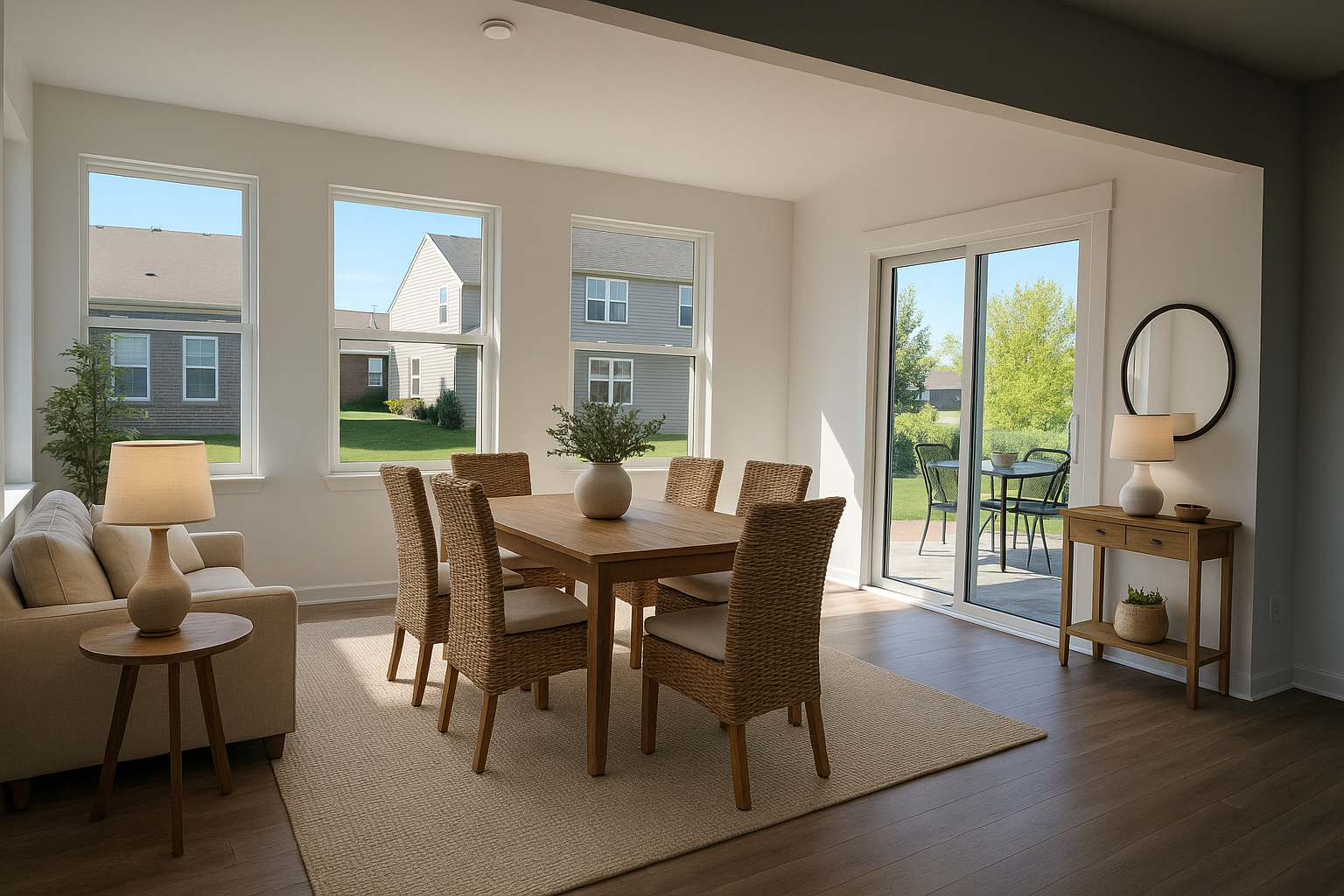 Bright and airy modern dining room with a wooden table and wicker chairs, featuring large windows and sliding glass doors opening to a patio.