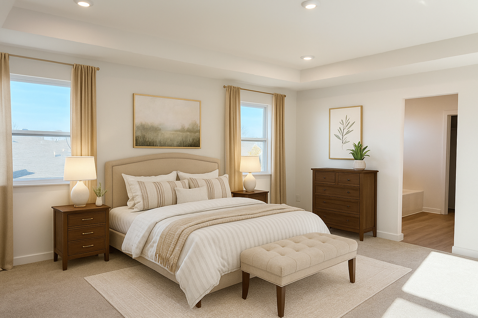 Modern bedroom with beige and white decor, featuring a cozy bed, wooden nightstands, and contemporary artwork.