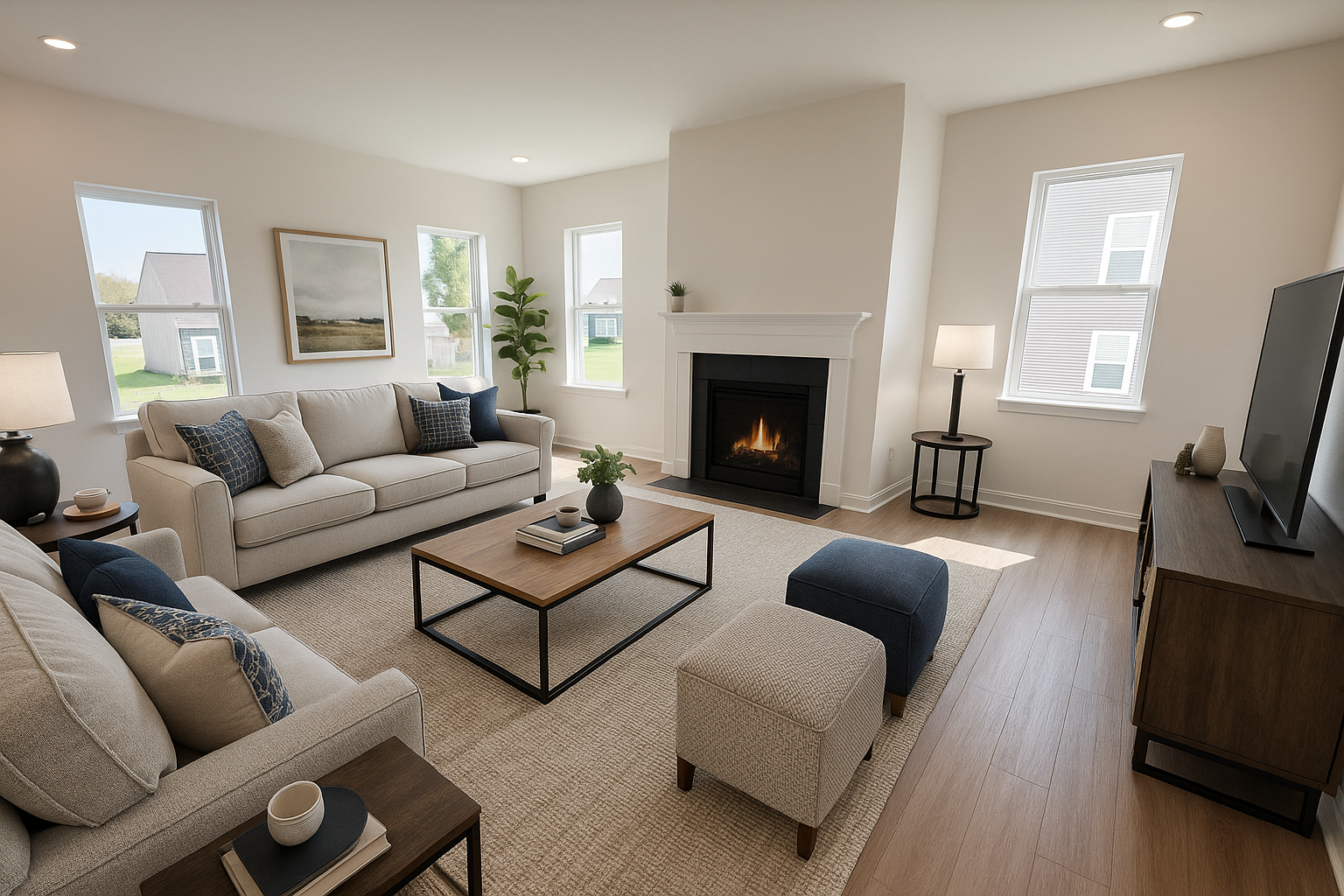 Modern living room with beige sofas, a wooden coffee table, and a cozy fireplace, featuring natural light from large windows.