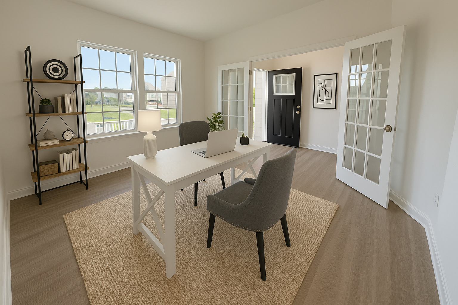 Modern home office with a white desk, grey chairs, bookshelf, and natural light from large windows.