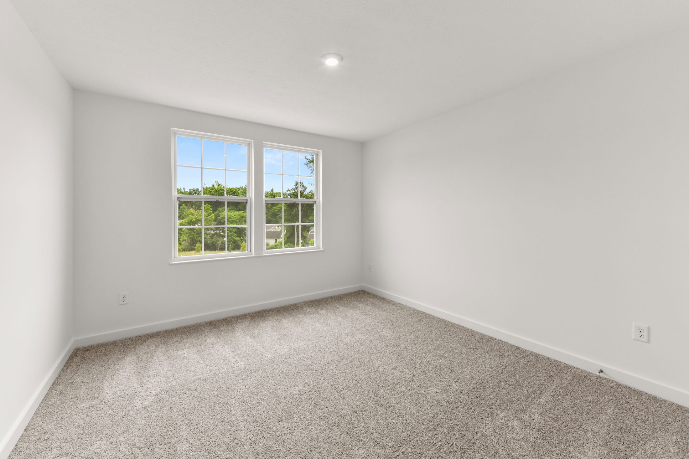 Spacious empty room with large windows, beige carpet, and white walls, offering a bright and airy interior with natural light.