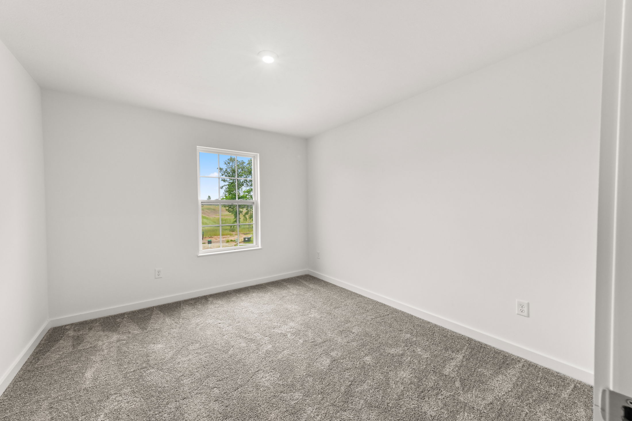 Minimalist empty room with white walls, carpeted floor, and single window showing an outdoor view.