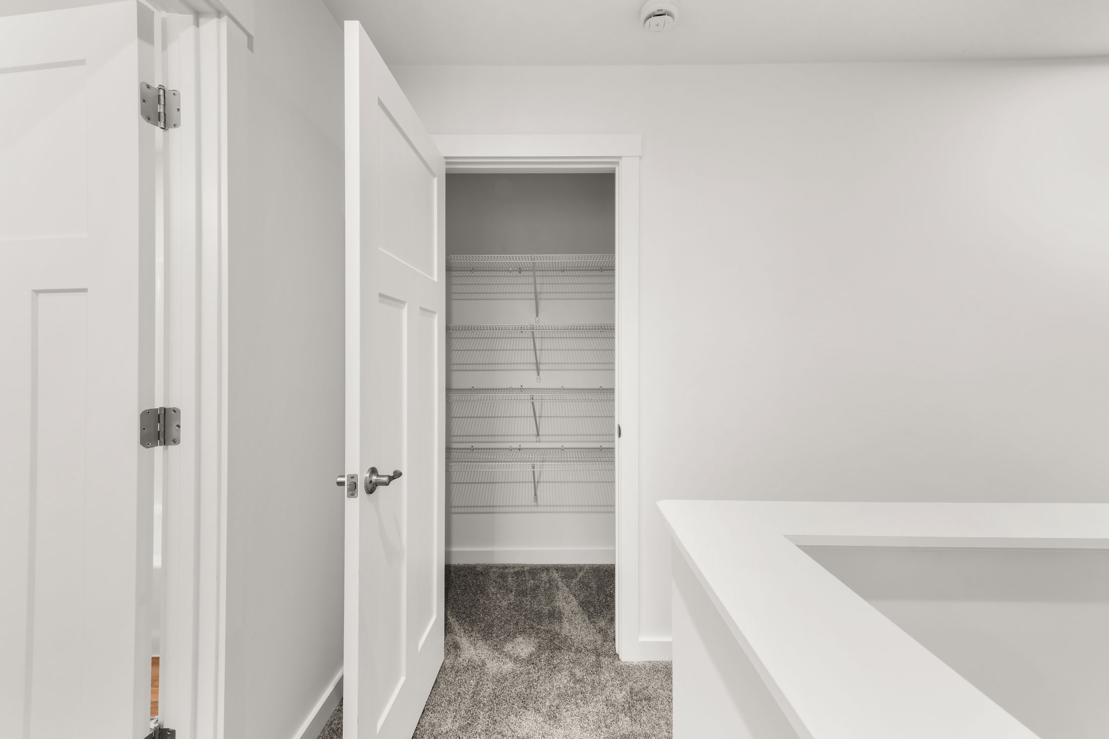 Empty white closet with open door and wire shelving, situated in a carpeted room.