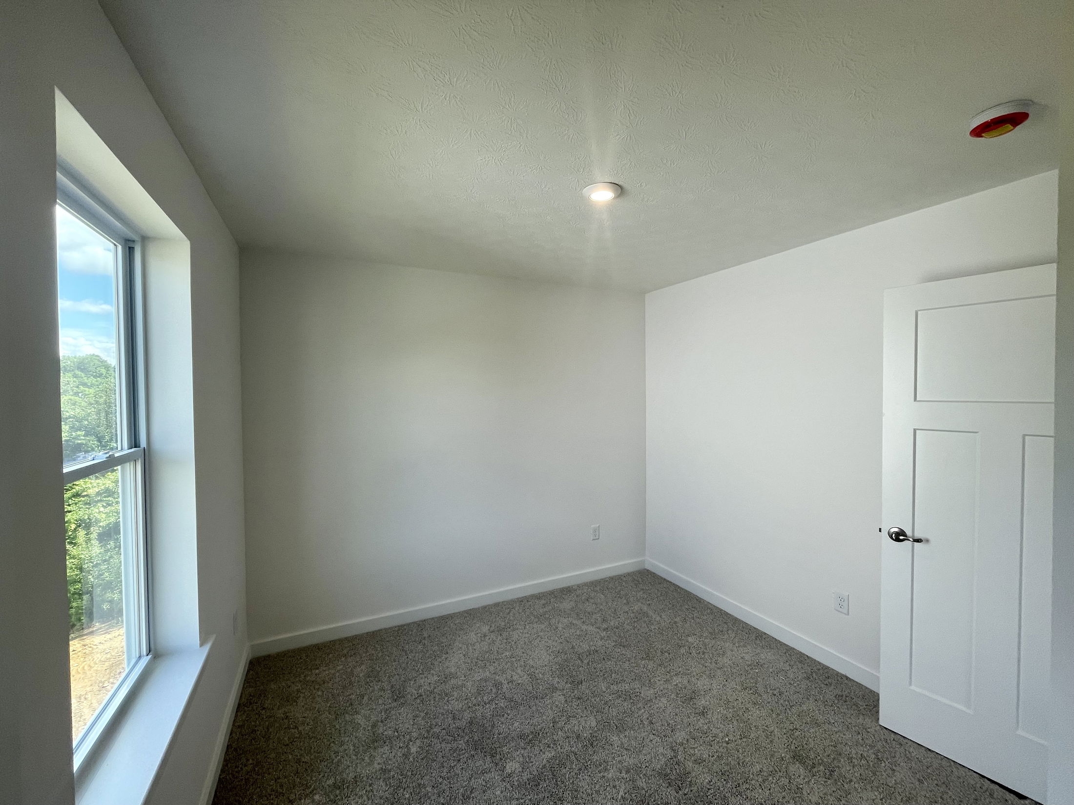 Small, bright unfurnished room with white walls, a single window, and a closed white door, featuring grey carpet flooring.
