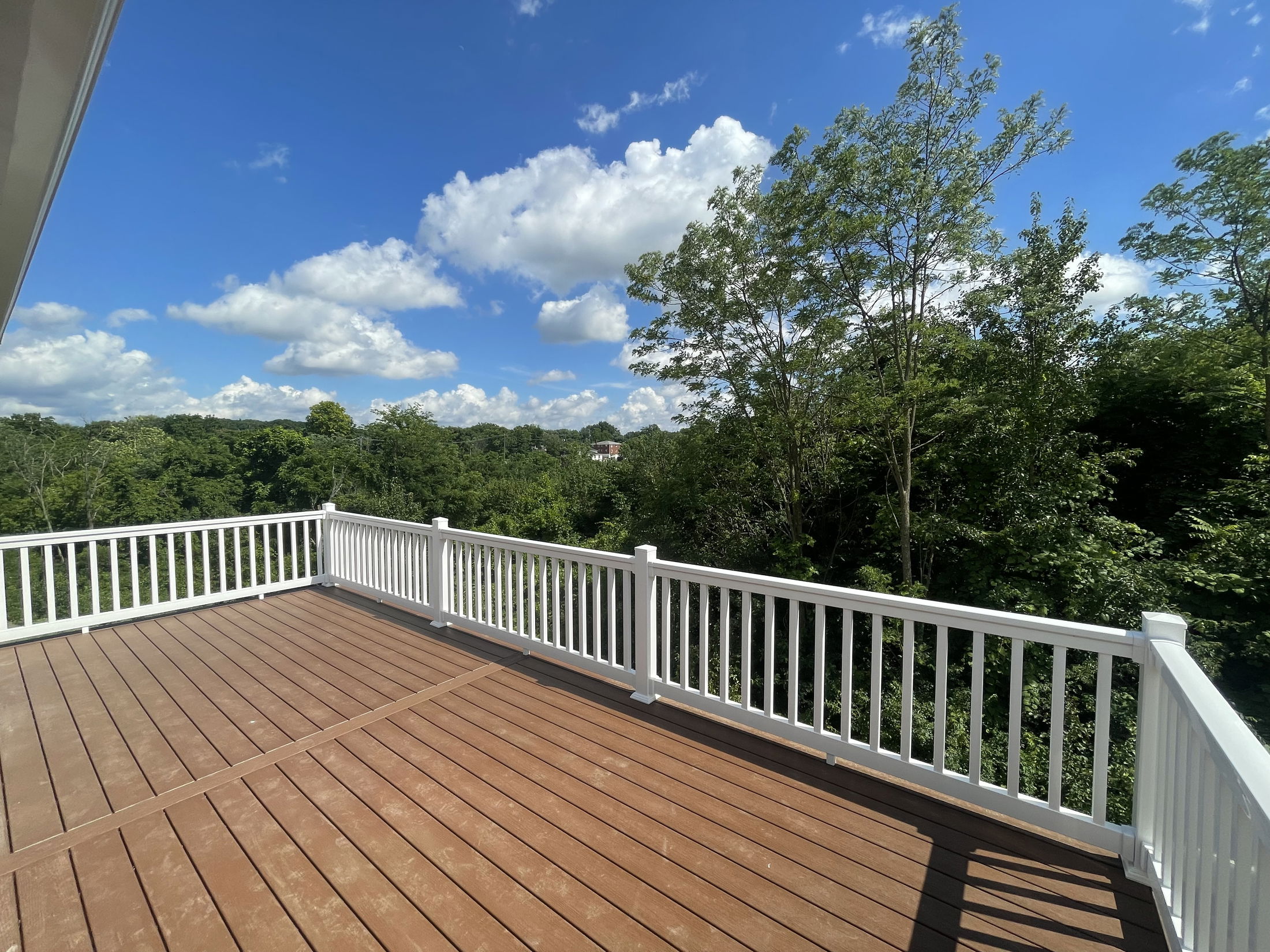 Sunny deck with white railings overlooking lush green trees and a clear blue sky.