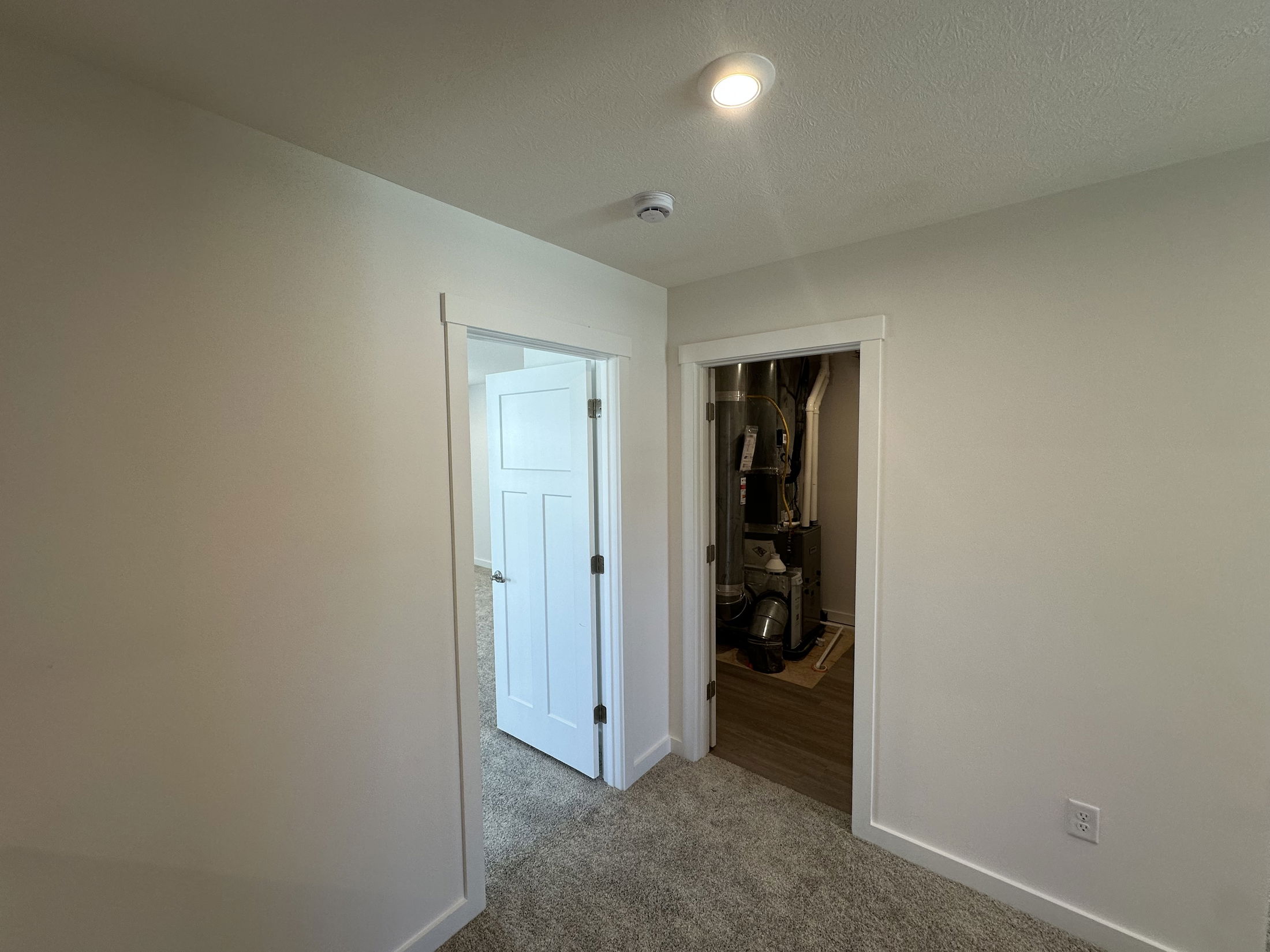 Interior view of a small, carpeted room featuring white walls, a closed door to the left, and an open door revealing a HVAC system on the right.
