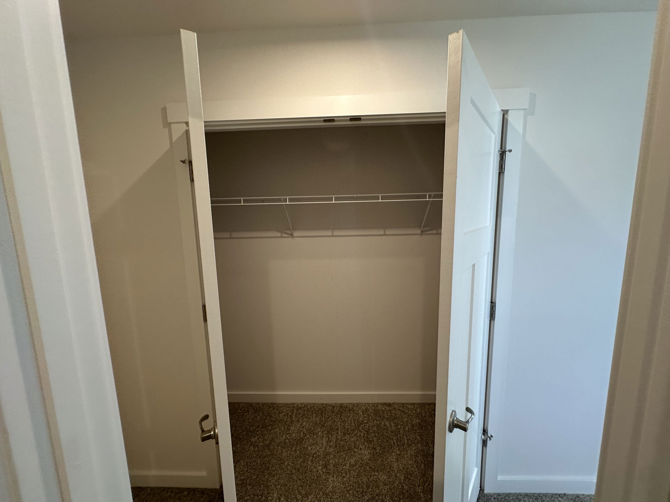 Open double doors leading to an empty, carpeted closet with a white wire shelf inside.