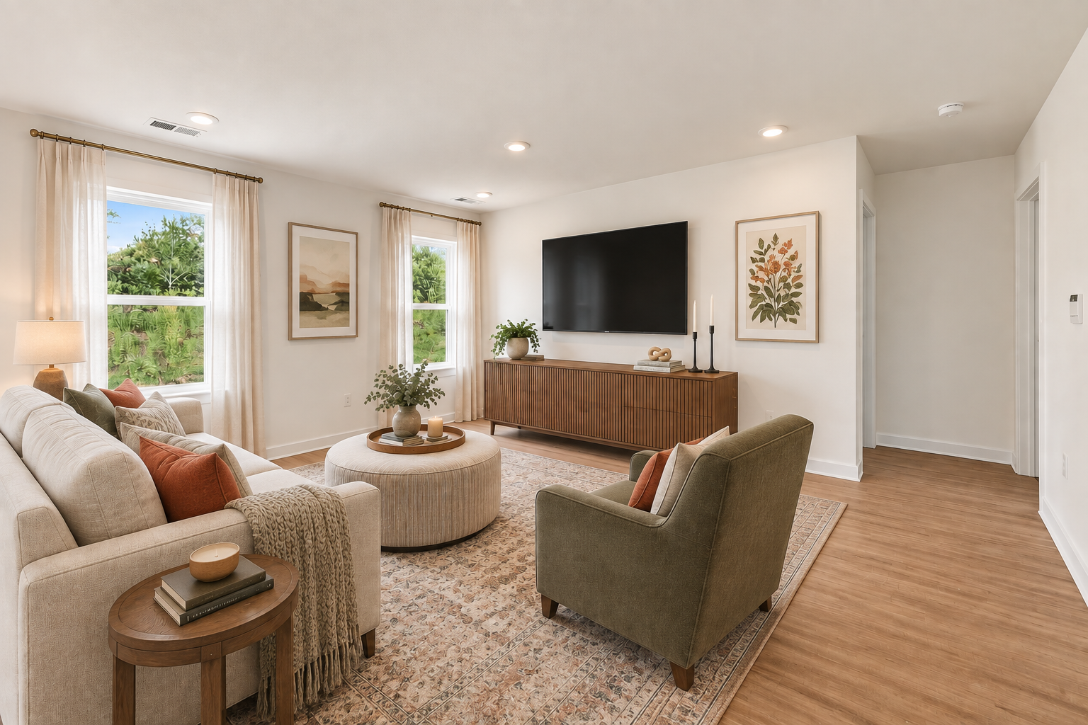 A modern living room featuring a beige sofa with colorful cushions, a round coffee table, a green accent chair, and decorative wall art, complemented by natural light from large windows.