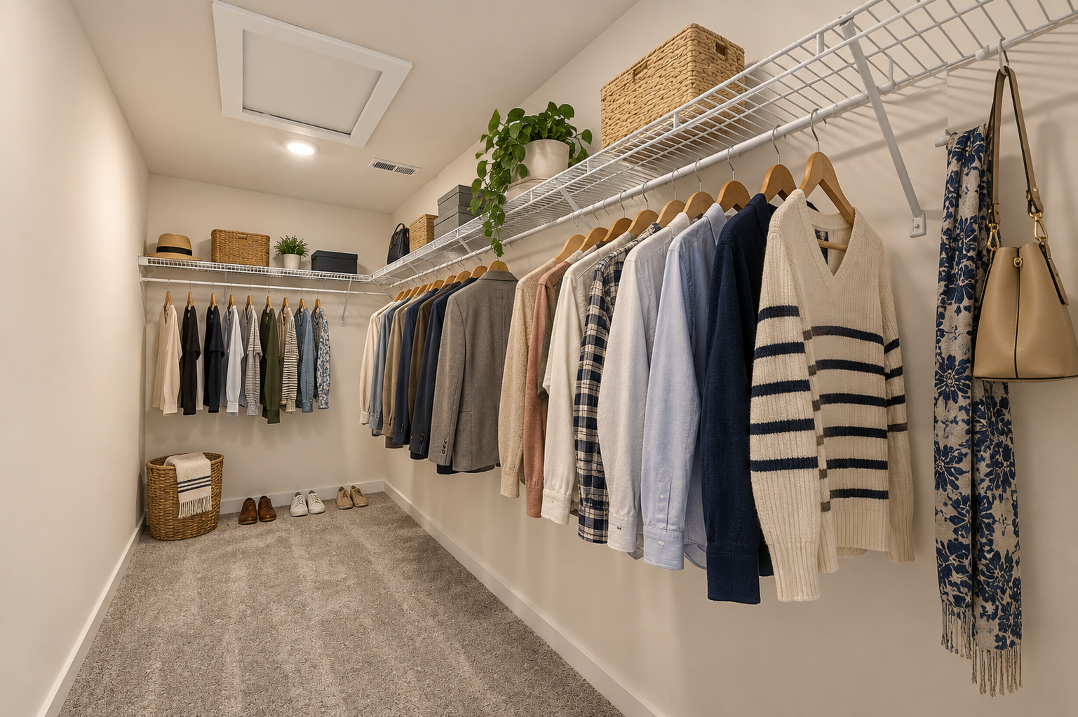 A neatly organized walk-in closet with hanging clothing, shelves of baskets, and a few pairs of shoes on the floor.