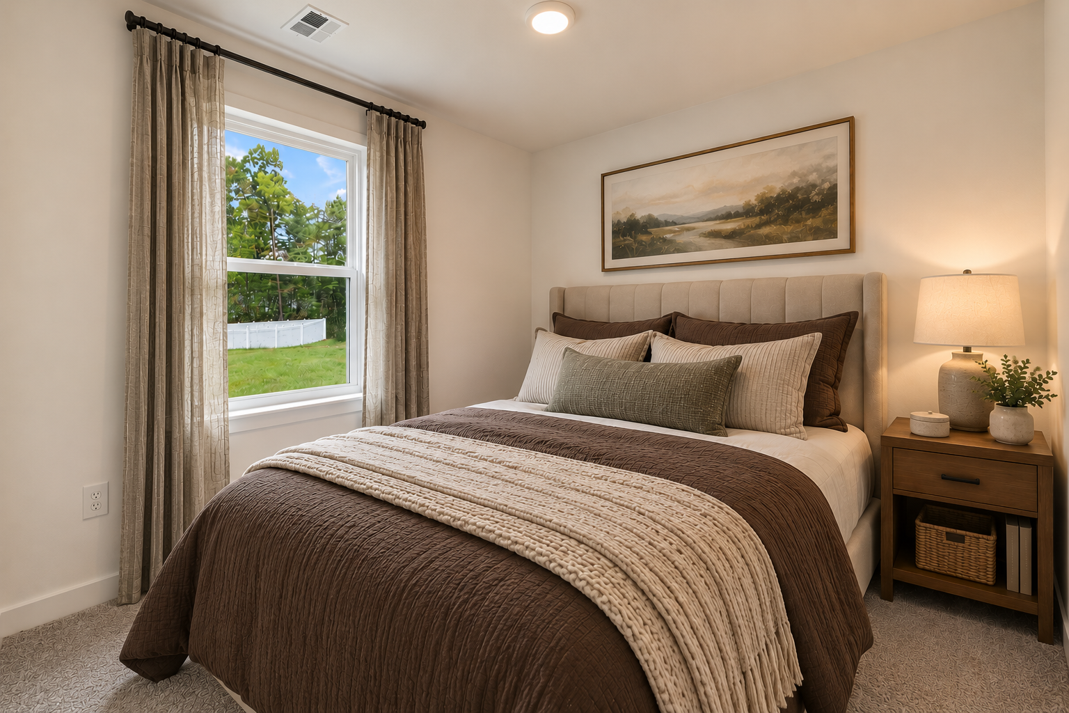 Cozy bedroom featuring a neatly made bed with brown and cream bedding, a nightstand with a lamp, and a window framed by sheer curtains.