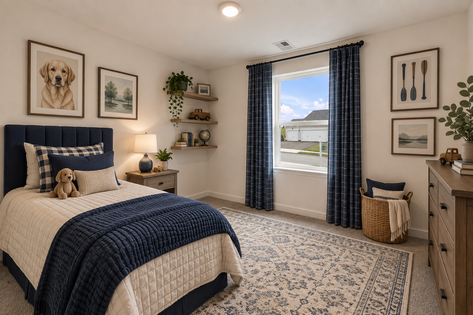 A comfortably furnished bedroom featuring a blue and cream color scheme, with a bed, a stuffed animal, wall art, and a window overlooking a sunny outdoor view.