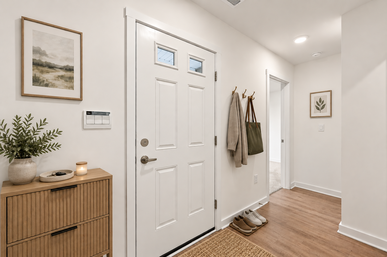 Bright entrance hallway featuring a white door, a wooden cabinet with drawers, wall hooks with a coat and bag, and decorative artwork.