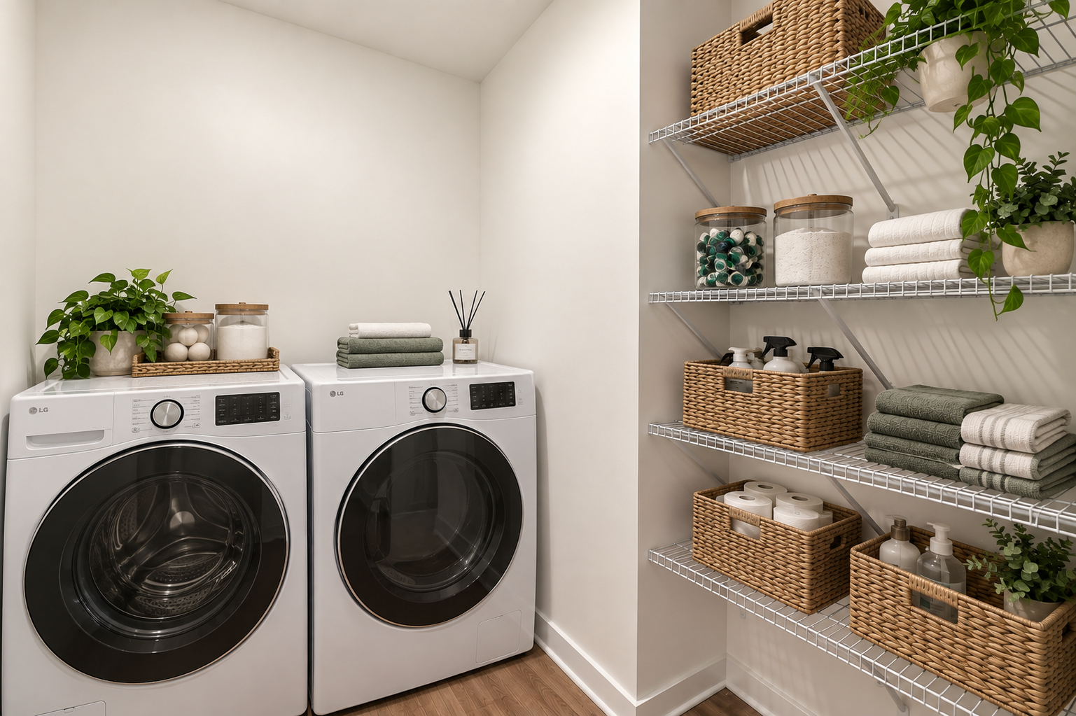 A modern laundry room featuring a pair of white washing machines, neatly organized shelves with baskets, towels, and decorative plants.