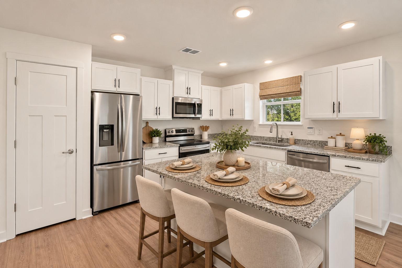 Modern kitchen featuring white cabinets, stainless steel appliances, a granite countertop, and a dining area with beige stools.