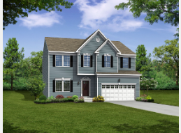 Image of a two-story suburban house with a blue exterior, double garage, and landscaped yard surrounded by trees.